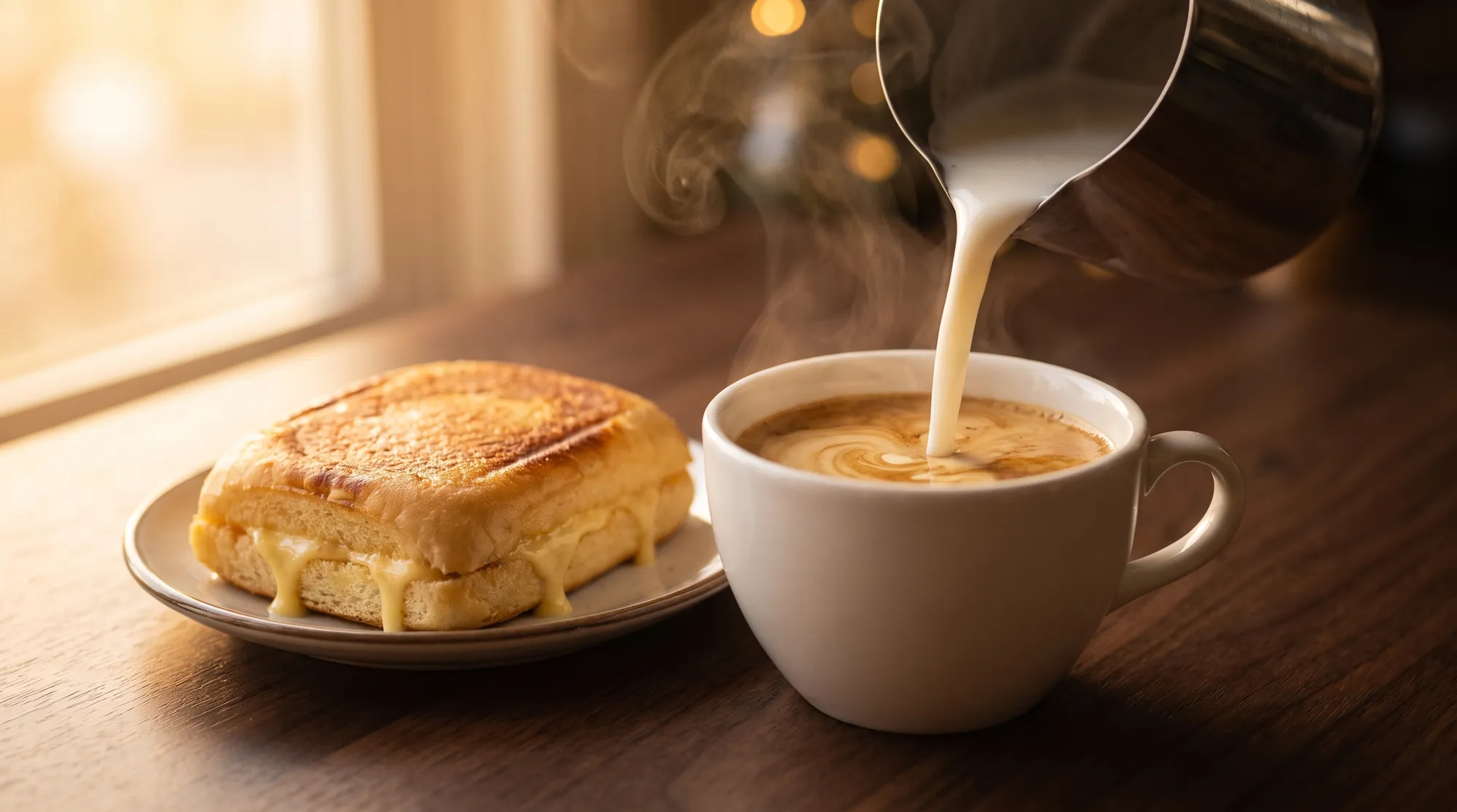 Café con leche servido al lado de una tostada con mantequilla