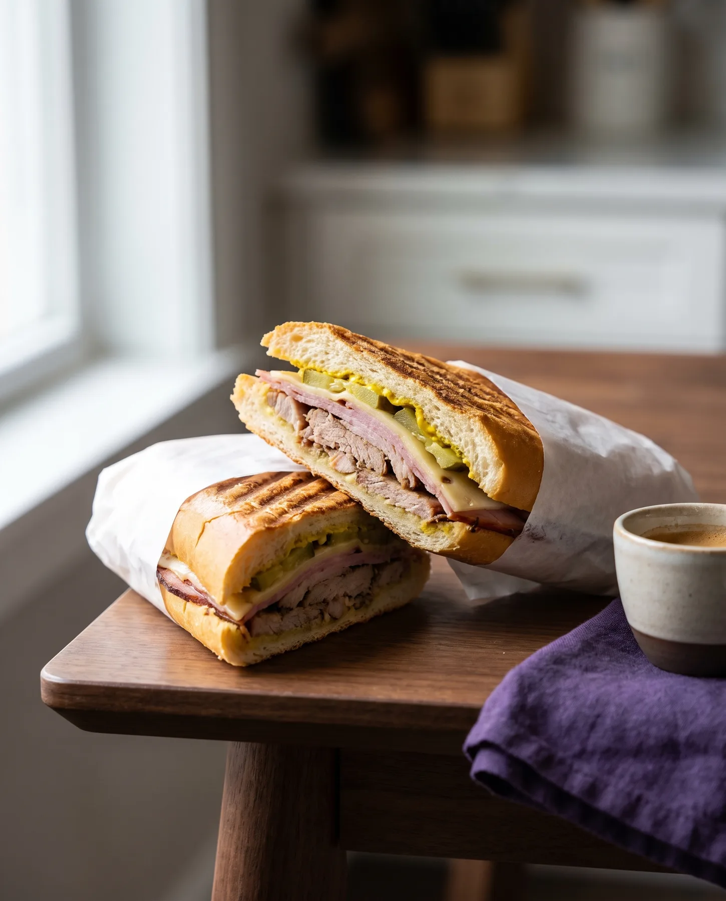 Sandwich cubano prensado cortado en diagonal