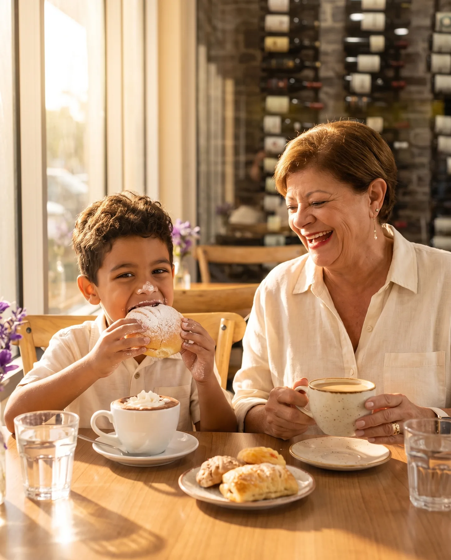 Un niño comiendo mallorca junto a su abuela