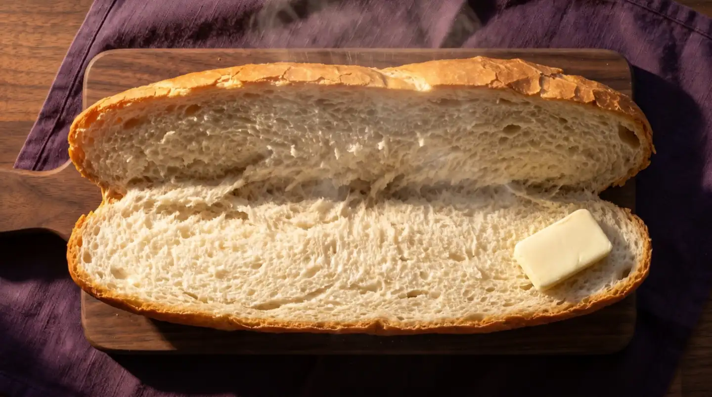 Pan sobao recién horneado, abierto, sobre una tabla de madera