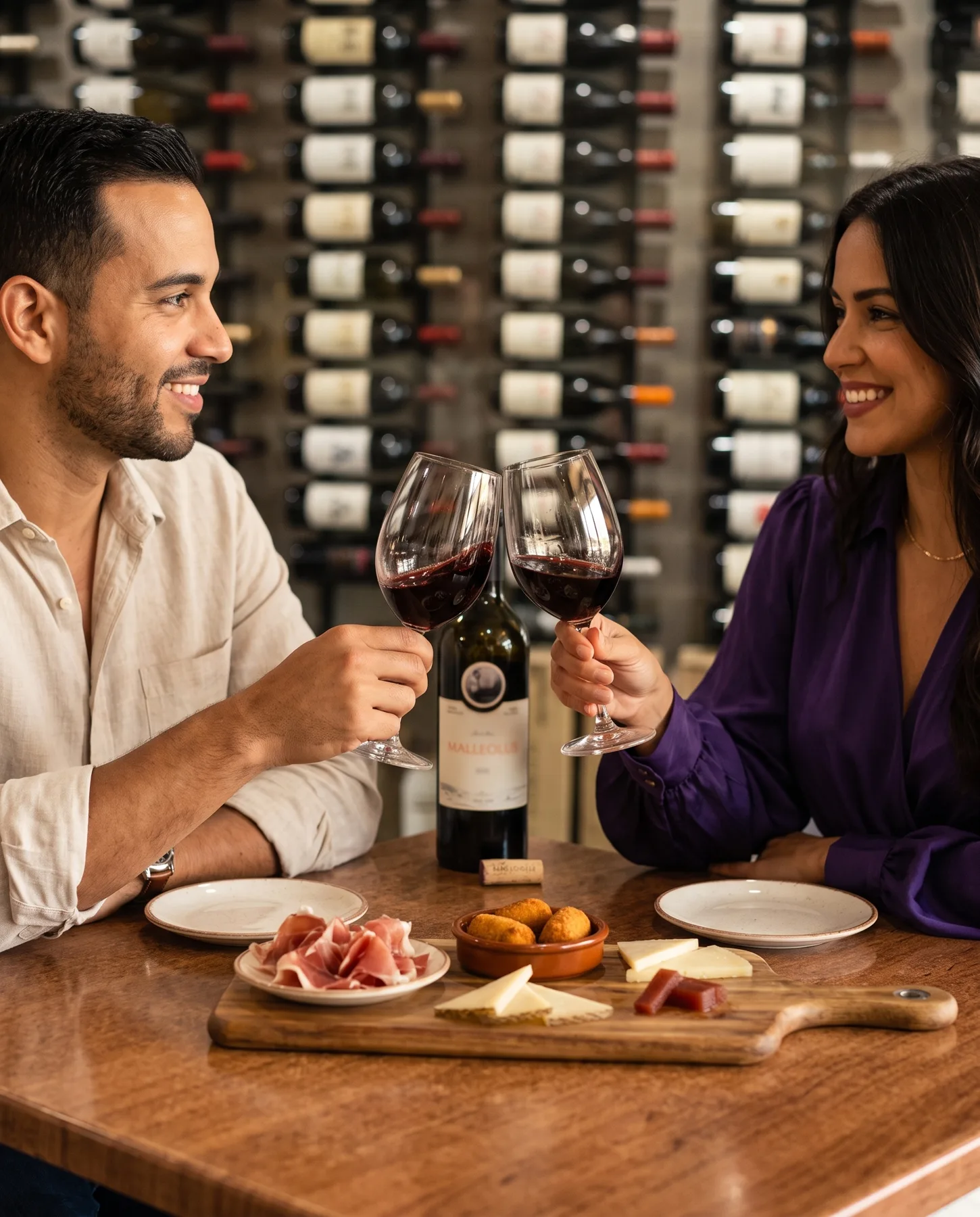 Una pareja brindando con vino español