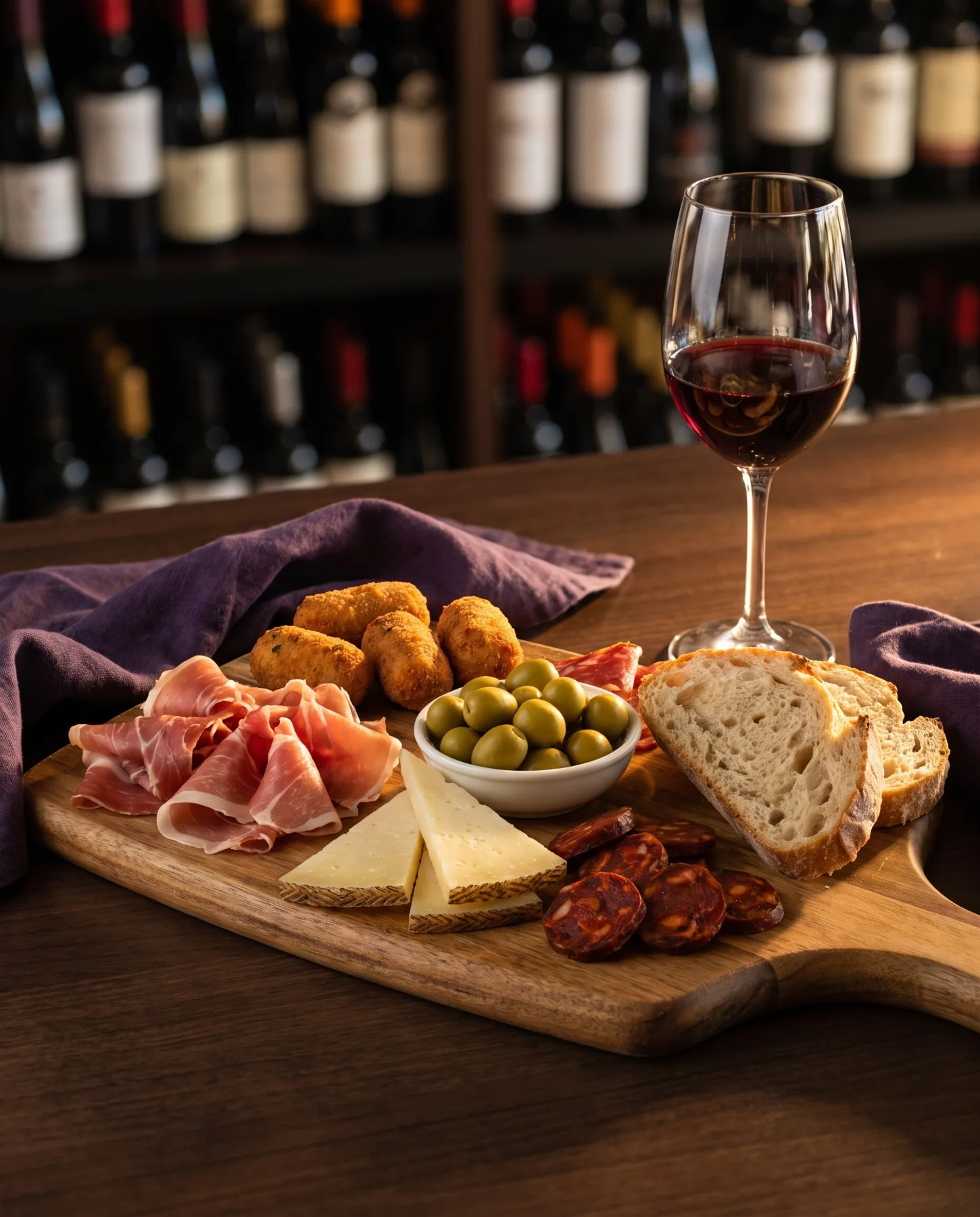 Tabla de jamón serrano, manchego y croquetas con una copa de vino tinto